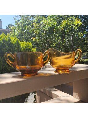 Amber Glass Creamer And Sugar Bowl Set Vintage Mid Century 1940s Pressed Glass